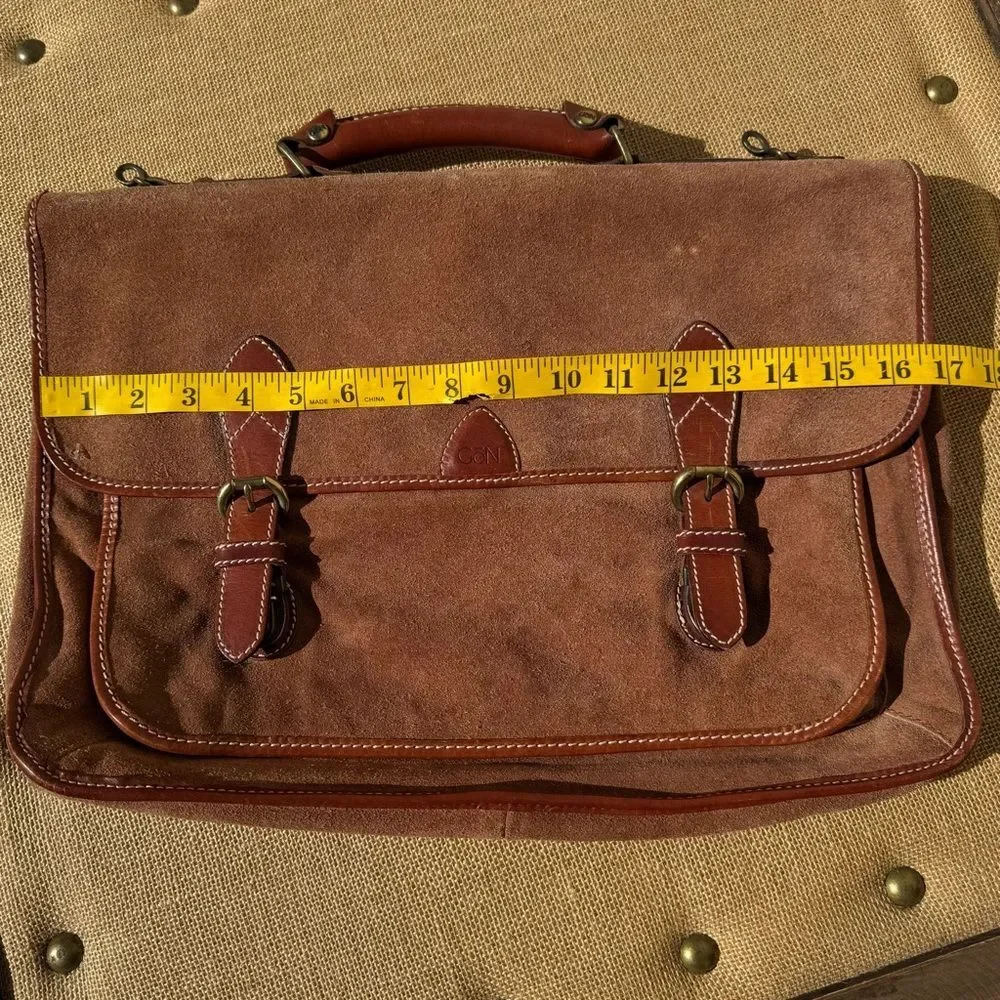 GoN Vintage Leather Suede Briefcase Messenger Bag Brown Plaid Lined 17”